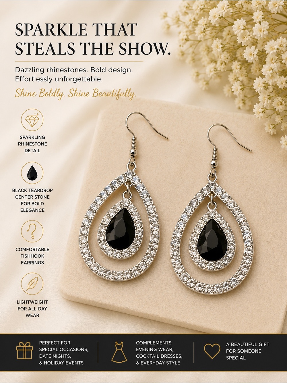 Sparkling Teardrop Rhinestone Earrings with Black Center